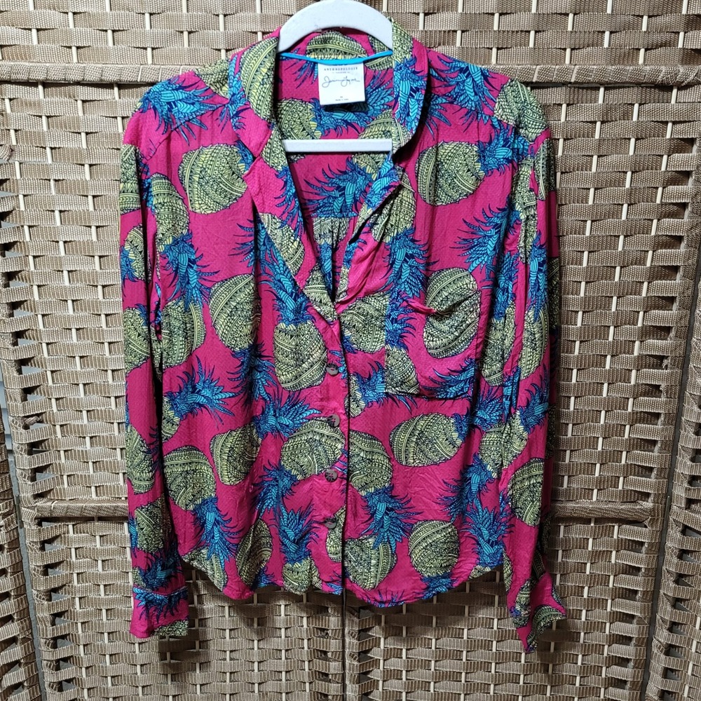 Anthropologie Pink and Green Button Down Shirt